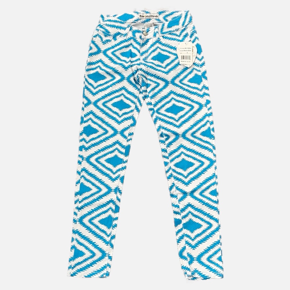 Diamonds & Threads blue and white geometric atomic blue skinny jeans